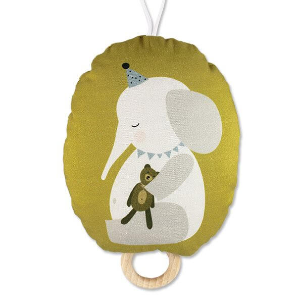 Spieluhr in hellgrün mit Elefanten- und Teddy-Aufdruck im skandinavischen Design.